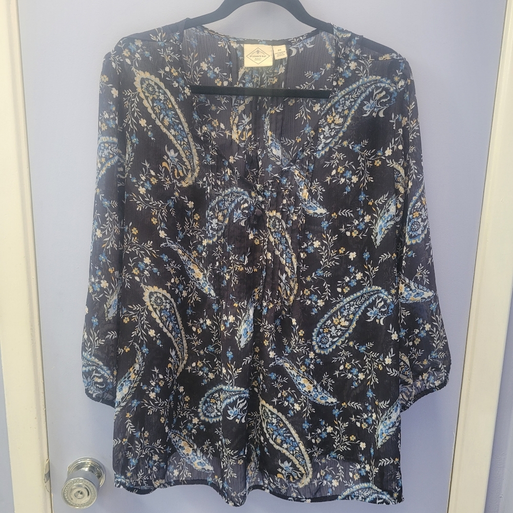 St. John's Bay Women's Top Sz 2X Sheer Paisley Blue Pink Cream Print V-Neck